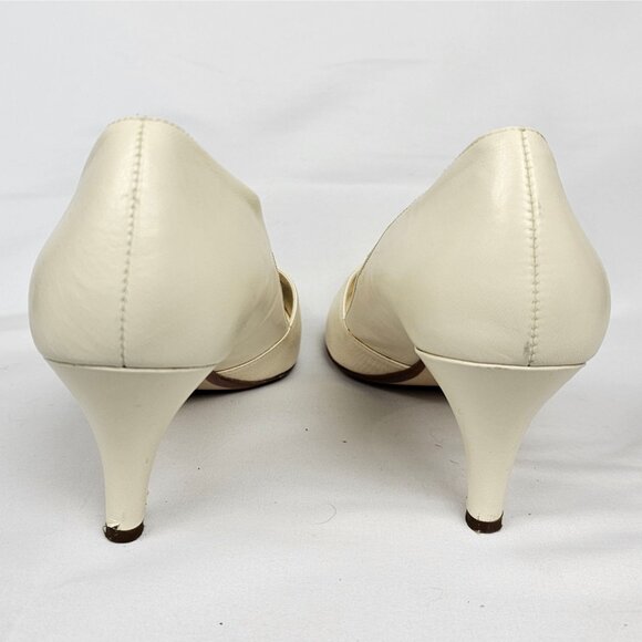 Womens 8.4M Cream Gold Open Toe Formal Business Casual Office  3" Pump Heel Shoe - Picture 9 of 14